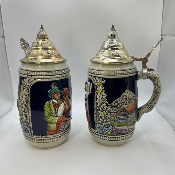 Lot of 2 Vintage DBGM German Ceramic Beer Steins - Pewter Lid - West Germany - Picture 1 of 16